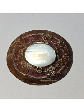 Antique Carved Snuff Box Coconute Shell and Mother of Pearl hinged Lid